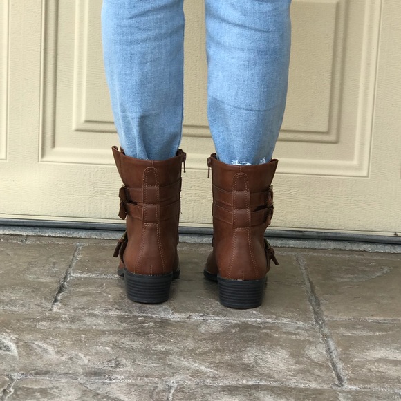 Cognac Polished Buckle Combat Style Ankle Booties - Picture 5 of 5